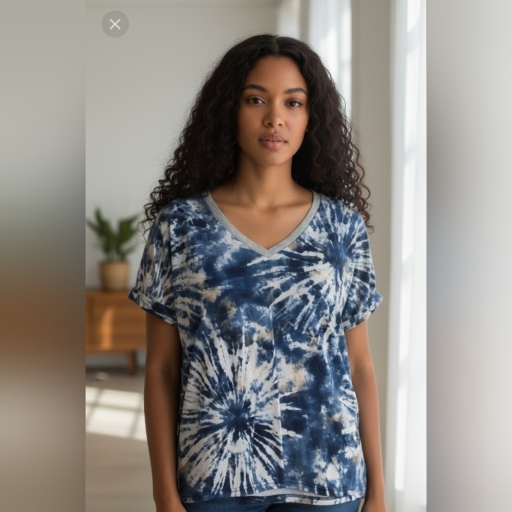 💥4 For $20💥Mazik Tie Dye Shirt V-Neckline Short Ruffle Trim Sleeves US L
